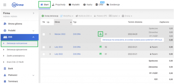 Oznaczenie deklaracji ZUS jako wysłanej - informacja