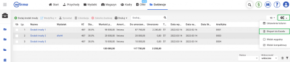 Ewidencja środków trwałych - eksport do excel