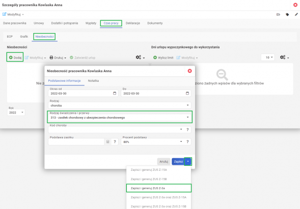 z-3a - dodawanie nieobecności