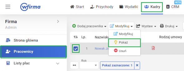 Ukrywanie pracownika w module Kadry - akcja pokaż