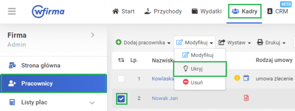 Ukrywanie pracownika w systemie wFirma.pl - akcja ukryj