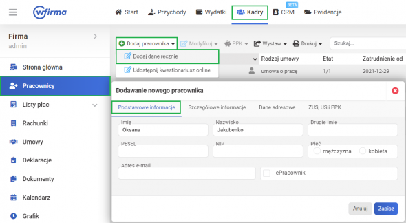 Rozliczanie cudzoziemców - dodanie danych pracownika