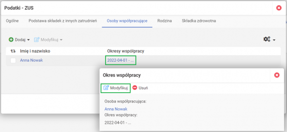Rozliczenie osób współpracujących - modyfikowanie daty współpracy