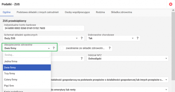 składka zdrowotna z kilku działalności - ustawienia