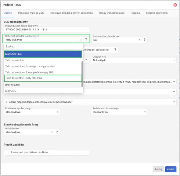 Mały ZUS - schemat w ustawieniach