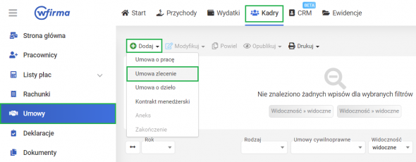 Dodawanie umowy zlecenie w systemie wFirma.pl