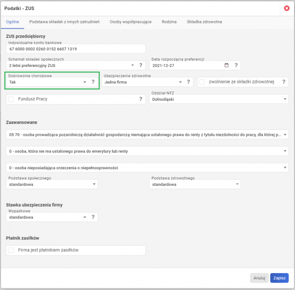 Przystąpienie do dobrowolnego ubezpieczenia - oznaczenie chorobowego w ustawieniach