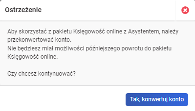 zmiana pakietu - tak, konwertuj konta