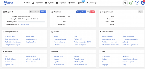 Kopie zapasowe - w systemie księgowym wFirma