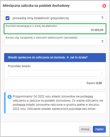 Zaliczka na podatek dochodowy - dochód
