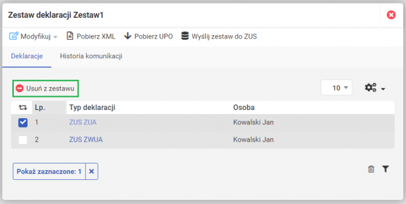 Wysyłka deklaracji ZUS - usuwanie deklaarcji z zestawu
