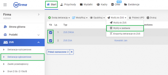 Wysyłka deklaracji ZUS - zgłoszeniowe