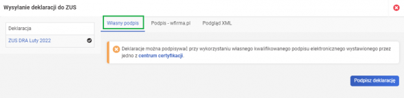 Wysyłka deklaracji ZUS - własny podpis