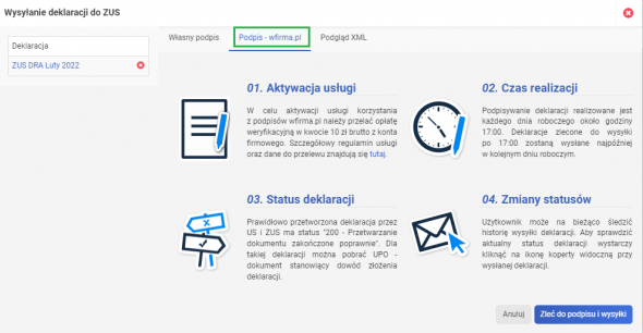 Wysyłka deklaracji ZUS - podpisanie deklaracji