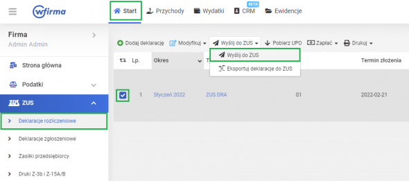 Wysyłka deklaracji ZUS - wyślij