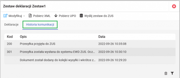 Wysyłka deklaracji ZUS - historia komunikacji