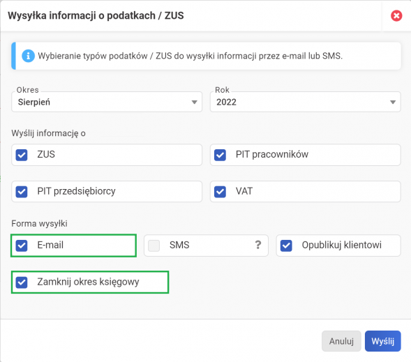 wysyłka informacji o podatkach i zus - wysyłka informacji