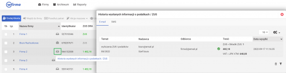wysyłka informacji o podatkach i zus - historia wysłanych informacji