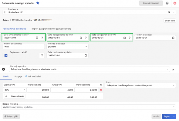 Wewnątrzwspólnotowe nabycie towarów - wprowadzenie wydatku