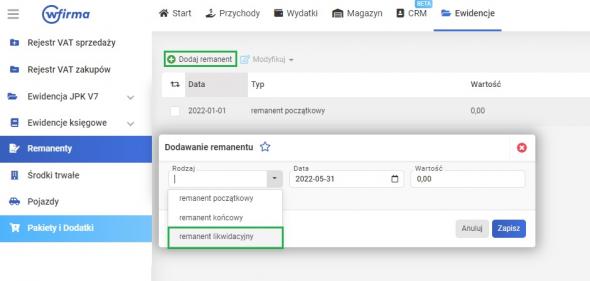 Likwidacja działalności - dodawanie remanentu likwidacyjnego