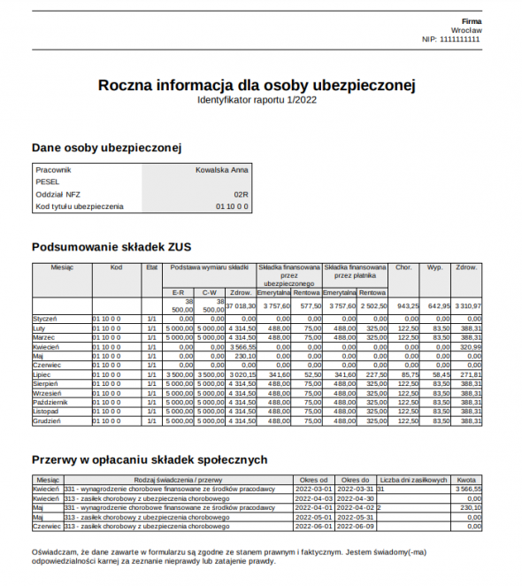 Informacja roczna dla osoby ubezpieczonej - wydruk