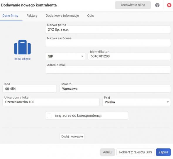 Faktura VAT - dodawanie kontrahenta