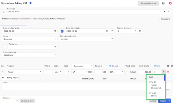 Faktura VAT - oznaczenie GTU