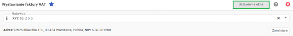 Faktura VAT - domyślne ustawienia okna