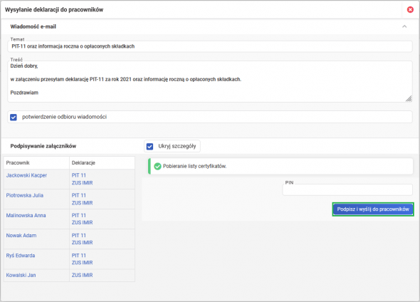 Masowe generowanie PIT-11 i IMIR i ich zbiorcza wysyłka - mail i potwierdzenie odbioru