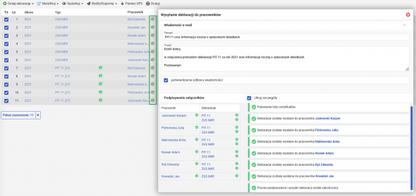 Masowe generowanie PIT-11 i IMIR i ich zbiorcza wysyłka - potwierdzenie wysłania