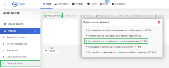 Zeznanie roczne PIT-28 - generowanie w wFirma.pl