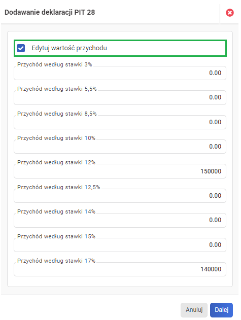 Zeznanie roczne PIT-28 - edycja przychodów wykazywanych w zeznaniu