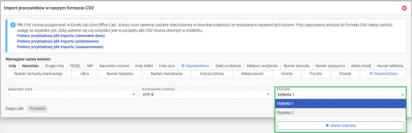 Import pracowników - Etykiety