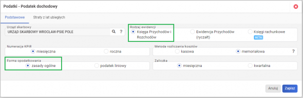 Zmiana formy opodatkowania wstecz na skalę podatkową - ustawienia w zakresie formy opodatkowania