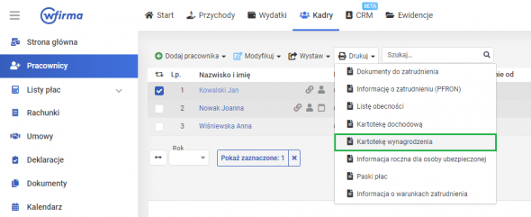 drukowanie kartoteki wynagrodzeń - opcja drukuj