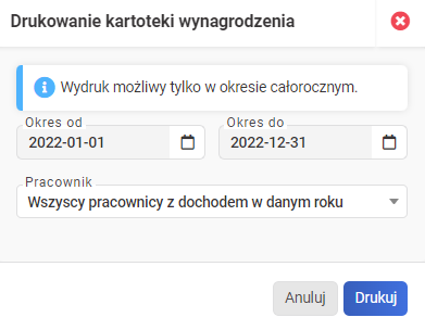 drukowanie kartoteki wynagrodzeń - okres całego roku