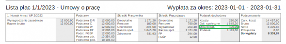 Zmiany w wynagrodzeniach - widok obliczeń na liście płac