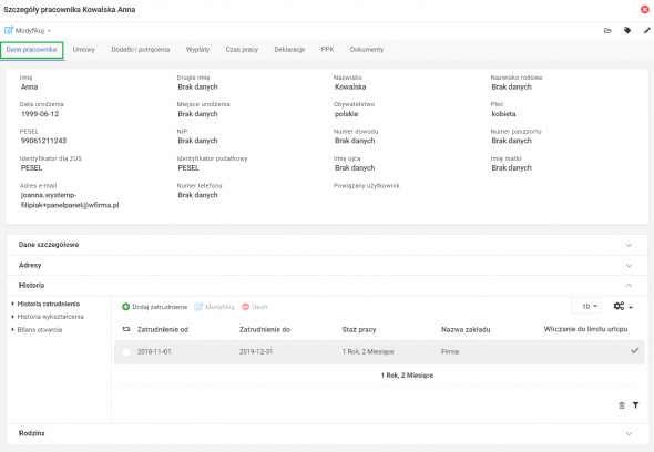 Szczegóły pracownika - najważniejsze dane związane z zatrudnieniem - dane pracownika