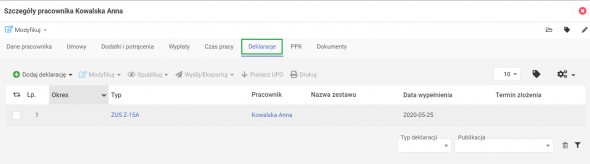 Szczegóły pracownika - najważniejsze dane związane z zatrudnieniem - deklaracje