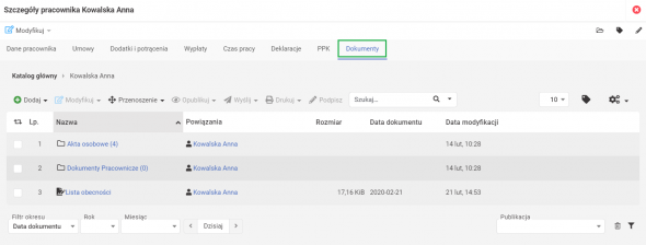 Szczegóły pracownika - najważniejsze dane związane z zatrudnieniem - dokumenty