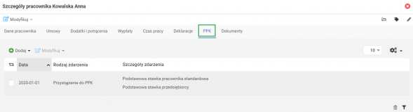 Szczegóły pracownika - najważniejsze dane związane z zatrudnieniem - PPK