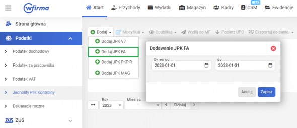 JPK FA - dodawanie JPK FA w systemie