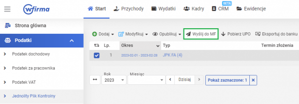 JPK FA wysyłka do MF