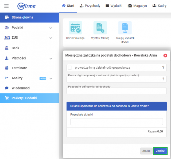 Rozlicz miesiąc - podatek dochodowy wspólnika