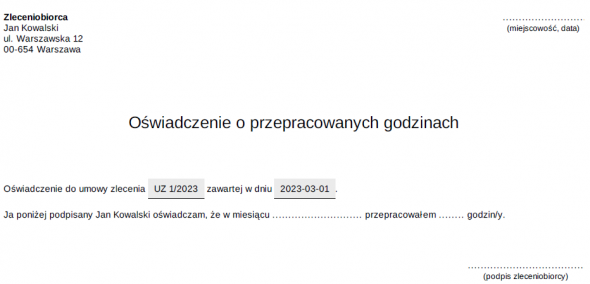 Ewidencja czasu pracy zleceniobiorcy - wydruk