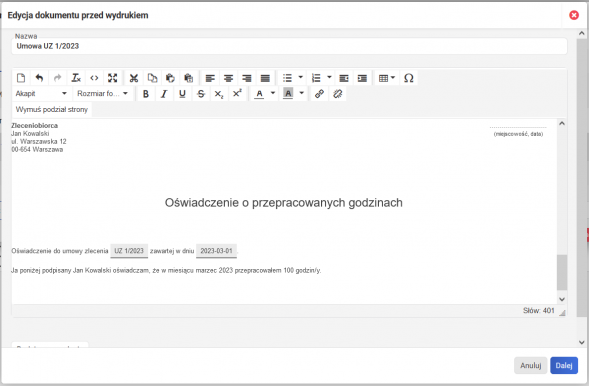 Ewidencja czasu pracy zleceniobiorcy - podgląd wydruku