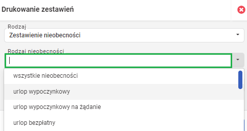 Zestawienie nieobecności rodzaj nieobecności