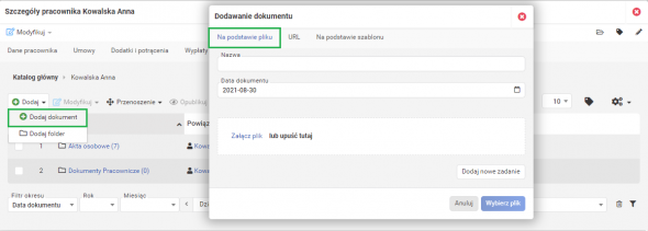 Akta osobowe pracownika - dodawanie dokumentu