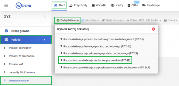 Zeznania roczne - dodawanie PIT-4R