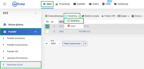 Zeznania roczne - modyfikowanie